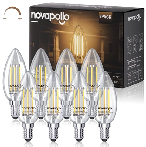novapollo E14 LED Candle Bulbs Dimmable 4.5W, 40W Equivalent 470LM Soft Warm White 2700K, SES Small Edison Screw, High CRI C35 LED Clear Filament Bulb for Chandeliers UK CA Certified 8 Pack