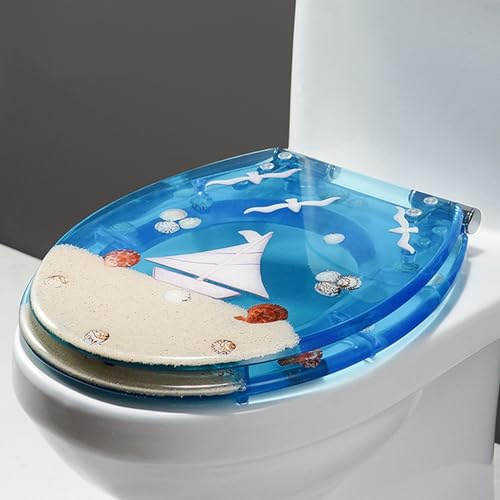 A, 3D Effets Selon Ocean Seat Seat avec coquilles réelles et gravier, sièges de toilette ronds en résine avec charnières en acier inoxydable à la fermeture tranquillement, charnières à libération