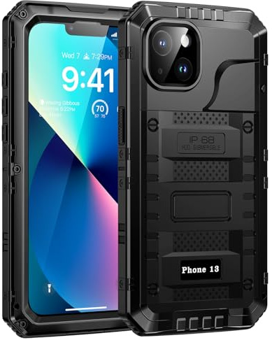 Lanhiem Cover per iPhone 13, IP68 Impermeabile, Metallo Armor, Nero | 360° Completa Waterproof Case con Protezione Schermo, Militare Antiurto Subacquea Antipolvere Custodia per iPhone 13