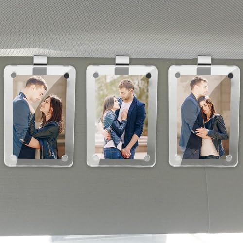 3Pcs Car Sun Visor Photo Holder, Universal Magnetic Car Visor Photo Clip, Acrylic Personalized Picture Frame for Cars, Clear Cars Picture Holder for Lover Family Pet Photos Cards Tickets, 2.4x3.5 In