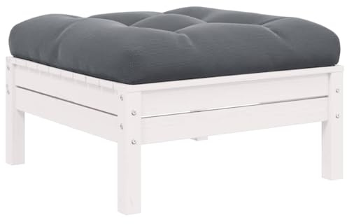 HaoChrymec Gartenhocker mit Anthrazit Kissen aus Massivholz Kiefer, Modularer Hocker Outdoor, Fußhocker für Garten-Lounge, Kleine Sitzgelegenheit, Weiß, 63.5 x 63.5 x 28.5 cm