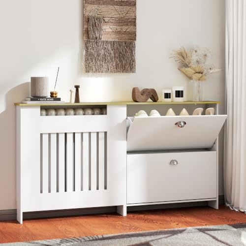 HOMCOM Cache-radiateur avec meuble à chaussures, cache-radiateur en MDF, 152x19x81 cm, cache-radiateur avec 2 tiroirs rabattables, design moderne à lamelles, pour le salon, la chambre à coucher, blanc