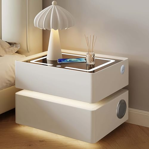 Nachttisch Weiß mit LED & Kabelloser Ladefunktion, Bluetooth-Lautsprecher, Nachtschrank mit 2 Schubladen,3-Farbiges Dimmen, Bewegungsmelder, 2USB,Typ-C, Sofatisch für Wohnzimmer, Schlafzimmer