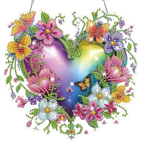 Lxmsja Heart-Shaped Flower Diamond Art Hanging Kits for Adults, Diamond Art Suncatchers Flower, 5D Special Shape Diamond Painting Pendant Window Ornament Gifts for Home Door Wall Garden Decor