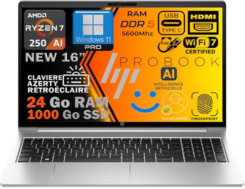 HP ProBook G1a Ordinateur Portable AI, Ryzen 7 250 5.1 GHz, RAM 24Go DDR5, SSD 1To, Écran 16 FHD, WiFi7, Radeon 780M, Empreinte Digitale, CAM 5MP, Clavier AZERTY Rétroéclairé, Aluminium, Win11 Pro