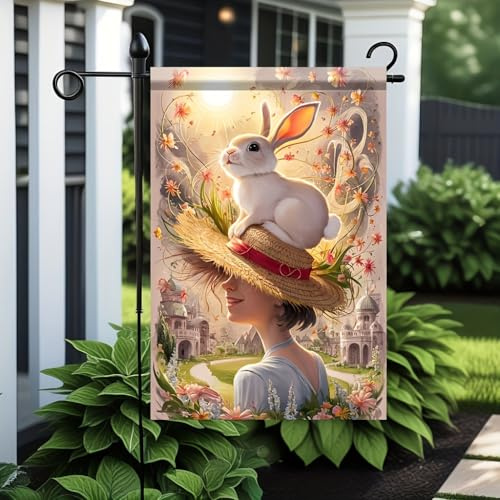 Willkommensflagge Frühlingshasin Mit Strohhut Und Kaninchen Heimdekoration Hofflaggen Rasen-Dekoration Gartenflagge Für Terrasse Feiertagsdekoration M