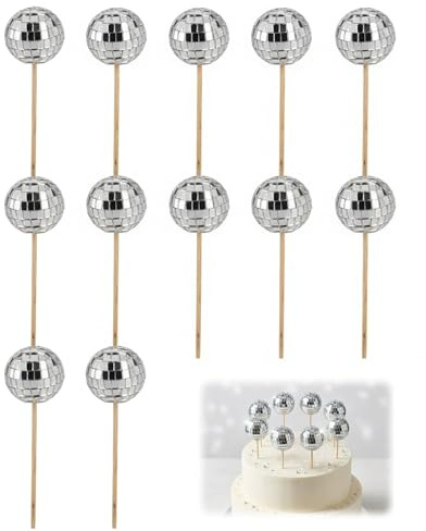 12 Pcs Disco Ball Cake Decorations with Bamboo Sticks Shiny Silver Mini Disco Balls Cake Topper for 1970s Disco Themed Birthday Party Cupcake Decorating, Silver