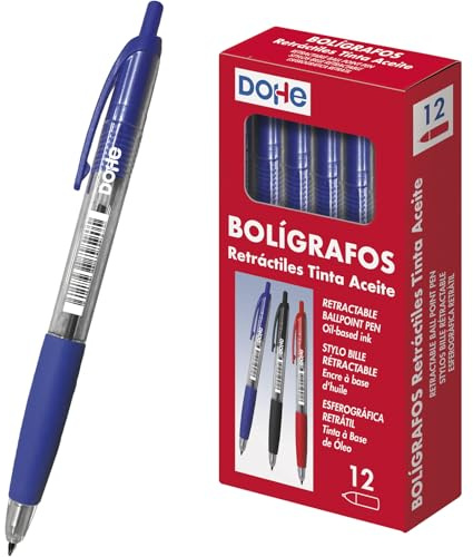 Dohe - Bolígrafos Retráctiles (12 uds.) - Tinta de Aceite Azul, Punta de Bola Gruesa 1 mm, Cuerpo Redondo de Plástico, Zona de Agarre de Caucho, Material de Oficina