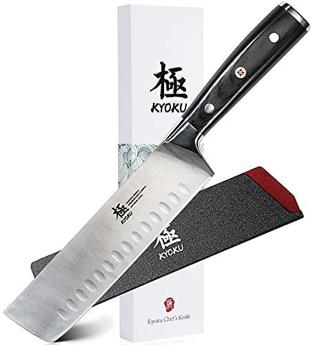 KYOKU Samurai Series - Nakiri Japanese Vegetable Knife 7 - Full Tang - Japanese High Carbon Steel Kitchen Knives - Pakkawood Handle with Mosaic Pin - with Sheath & Case