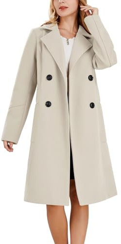 chouyatou Women's Basic Essential Double Breasted Mid-Long Wool Blend Pea Coat (Medium, Off White)