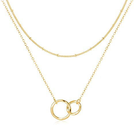 Fettero Layered Necklace Gold Satellite Chain Choker Interlocking Infinity Hammered Circle Pendant 14K Gold Plated Dainty Simple 2 Generations Jewelry for Women