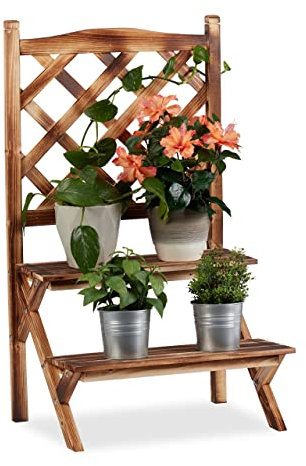 Relaxdays Blumentreppe mit Rankgitter, Blumenregal 2 Ebenen, stehende Pflanzentreppe Holz, HBT: 89x51x40 cm, gebrannt