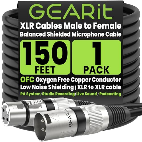 GEARit XLR to XLR Microphone Cable (150 Feet, 1 Pack) XLR Male to Female Mic Cable 3-Pin Balanced Shielded XLR Cable for Mic Mixer, Recording Studio, Podcast - Black, 150Ft, 1 Pack