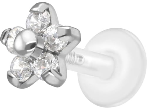 PIERCINGLINE PTFE Labret mit Gewinde TITAN AUFSATZ KRISTALLBLUME Piercing Lippe Nase Ohr Helix Silberfarben 1,2 x 5 mm