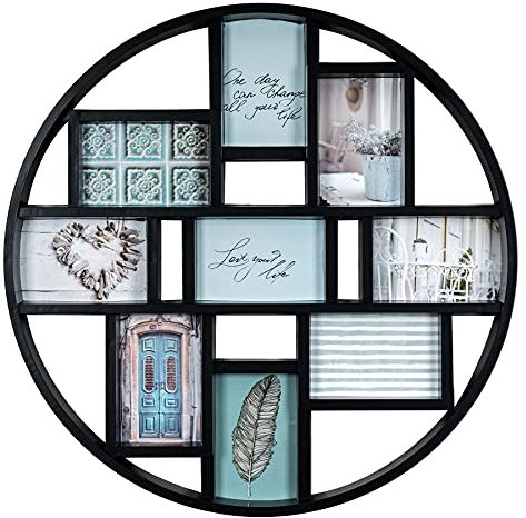 levandeo Bilderrahmen D55cm Collage 9 Fotos 10x15cm Schwarz Rund Fotorahmen Galerie Glas Fotocollage Bildergalerie Wanddeko