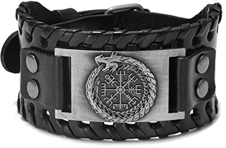 TQWSVUM Herren Viking Vegvisir Leder Geflochtenes Seil Armband, Nordischer Kompass Ouroboros Verstellbare Schnalle Breites Armband, Vintage Tier Amulett Manschette Armreifen Schmuck(Silver)