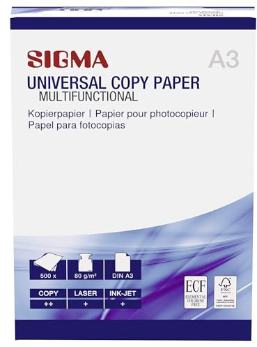 SIGMA DIN A3 Kopierpapier 80 g/m², 500 Blatt, Blattstärke in weiß - Professionelles Druckerpapier für Laserdrucker, Tintenstrahldrucker, Bewerbungen, Rechnungen, Gewerbe, Büro, Home Office…
