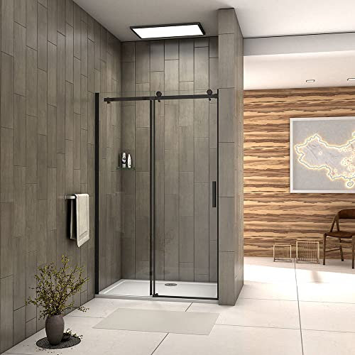 Acezanble 1100mm Bathroom Matt Black Frameless Sliding Shower Door 1950mm Height