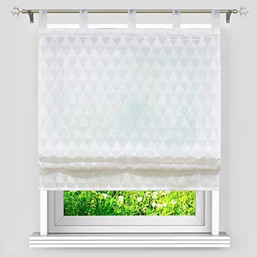 Heichkell Leinen Raffrollo Rautenförmiges Muster Moderne Raffgardine Transparente Gardine Schlaufen Gardinenschals Weiß H*B 140 * 140cm