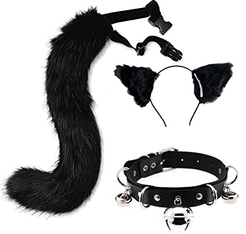 Faux Schwanz und Ohren Set Pelzimitat Fuchsschwanz Katzenohren Stirnband Leder Choker Kette Cosplay Glockenkragen Kostüm Party Verstellbaren Fox Wolf Tails Kit (Schwarz)