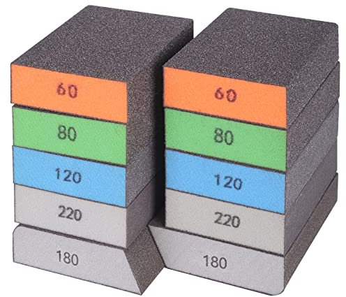 Mojucraft 10 Packen Schleifschwämme, abwaschbar und wiederverwendbar Schleifblöcke für Holz Trockenbau Metall Gläser grob/mittel/fein/ultrafein 60/80/120/220 Korn Schleifpapierblöcke