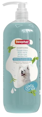 BEAPHAR – Shampooing Essentiel Pelage Blanc pour Chien – Extra-Doux – Pelage Brillant – Contient Extrait de Thé Vert et Aloe Vera – sans parabène ni Silicone – pH Neutre – Produit Vegan – 1L