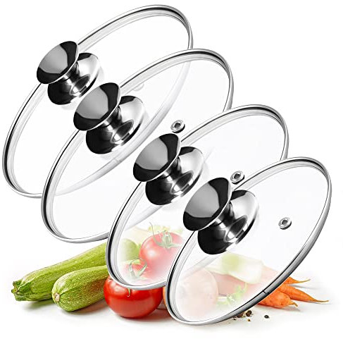 KADAX Juego de tapas universales de cristal con asa, tapas resistentes al calor, juego de tapas de sartenes en diferentes tamaños, tapa de cristal para olla (20 + 24 + 26 + 28 cm, mango plateado)
