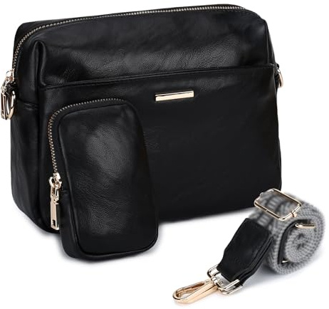 VX VONXURY Damen Umhängetasche, Klein Veganem Leder Crossbody Bag Schultertasche mit Breiten Gurten, Schwarz