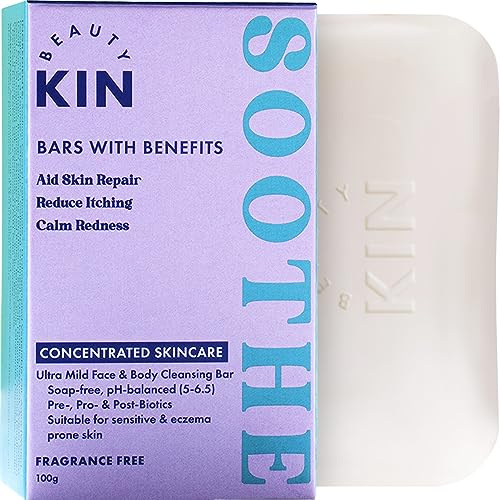 Beauty Kin Soothing Face & Body Wash Cleansing Bar for Sensitive or Itchy Skin w/Colloidal Oatmeal, Prebiotics & Probiotics to Soothe Eczema - Heal Irritated Skin - Fragrance Free - Vegan Soap Bar