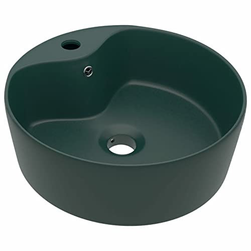 Tidyard Lavandino con Troppopieno,Lavabo da Appoggio in Ceramica,Lavandino da Appoggio,Lavabo in Ceramica,Lavello per Bagno,Cosmetici o Toilette,Lavandino Rotondo Verde Scuro Opaco 36x13 cm