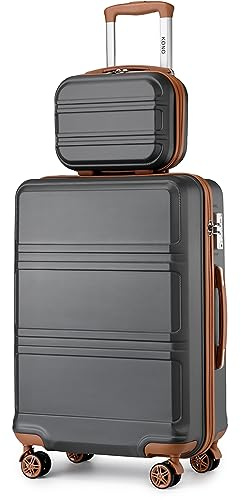 KONO Set di 2 Valigia e Borsa da Toilette, Bagaglio a Mano Rigido Trolley da Viaggio con 4 Ruote Rotanti e Lucchetto TSA, Grigio/Marrone