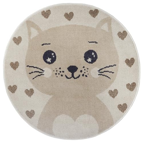 Hanse Home Adventures Kinderteppich Rund - Katzen Herzen Muster, Tier Herz Muster Teppich Junge Mädchen für Kinderzimmer, Spielzimmer, Jugendzimmer, Wohnzimmer - Creme Beige, 140cm