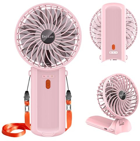 Portable Fan Handheld Fan with Neck Lanyard, Battery Operated Electric Powered USB Rechargeable Fans, 6-15H Cooling, 180° Foldable with 4 Quiet Speeds Mini Fans for Travel Outdoor Home Office, Pink