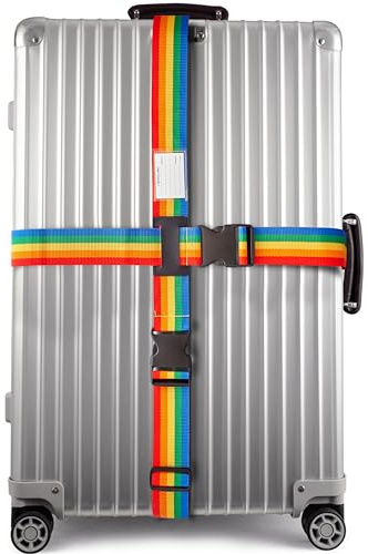 OW-Travel Koffergurt Kreuzgurt, Kofferband auffällig, Regenbogen, 1 Stück | Kofferband Gurt, Gepäckgurt mit Namen und Adresse, Koffergurte, Kofferbänder Flugreise bunt, für Koffer, Taschen und Gepäck