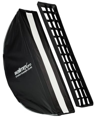 Walimex pro Studio Striplight Softbox 22 x 90 cm, Lichtformer um 360° drehbar, einfacher Aufbau dank Schirmfunktion, inkl. Grid, Maske, Bowens Adapter u. Tasche, ideal für Produkt- u. Peoplefotografie