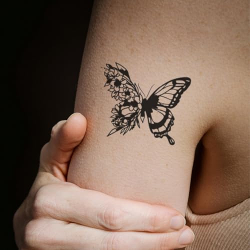 Fake Tattoo Schmetterling – Temporalis® | Temporäre Tattoos für Erwachsene – EU-zertifizierte Kosmetik, vegan & wasserfest – Hält 1 bis 2 Wochen [ Blumenschmetterling ]