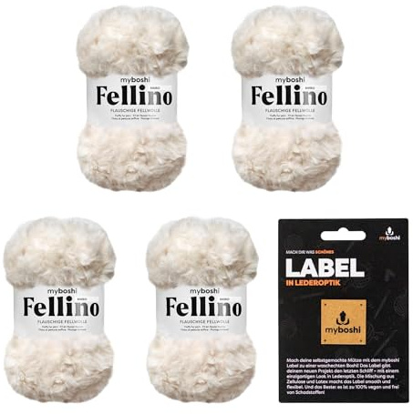 myboshi Fellino, flauschige Fellwolle, zum Häkeln und Stricken, Teddywolle in Felloptik, inkl. myboshi Label in Lederoptik, super bulky, 100g, Ll 65m Weiß (Shiro) 4 Knäuel