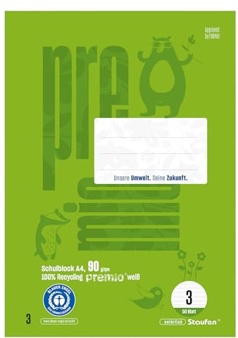 Staufen Premio Schulblock - 5 Blöcke à 50 Blatt, DIN A4, Doppellinien | Lineatur 3, 100% Recyclingpapier, zertifiziert mit dem Blauen Engel, abgerundete Ecken, 90 g/m² Papier