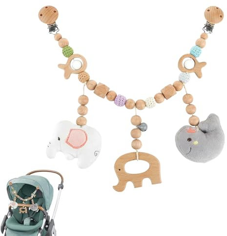 Auirshiky Kinderwagenkette aus Holz für Babys, Baby Wagenkette mit Plüschelelefant, Niedliche Tierform Kinderwagenspielzeug für Mädchen Junge, Babyschale Spielzeug für Babygeschenke zur Geburt