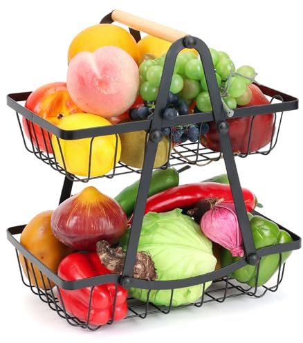 2 Tier Fruit Basket, Detachable Metal Fruit Bowl Holder Vegetable Basket Stand with Wood Handle for Kitchen Counter, Large Capacity Fruit Storage Stand Organizer for Produce Bread Snack, Black