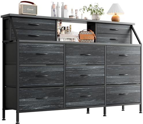 MUTUN Comò per camera da letto con 13 cassetti, cassettiera larga 140 cm, cassettiera in tessuto con 2 ripiani in legno, organizer con contenitori in tessuto, per camera da letto, soggiorno,