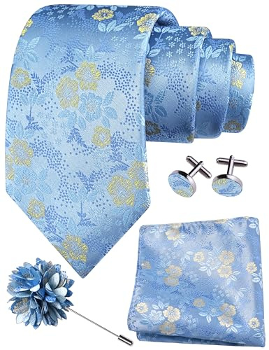 Gusleson Mens Baby Blue Tie Party Wedding Yellow Blue Floral Necktie Pocket Square Cufflinks and Lapel Pin Brooch Set (UK6107-16)