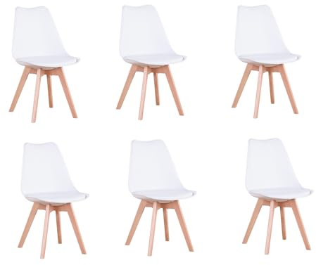 Set mit 6 weißen Esszimmerstühlen, Küchenstühlen, 6 Stühlen, Esszimmerstühlen, Moderne Küchenstühle, für Esszimmer, Küche und Büro, mit gepolsterter Sitzfläche und Beinen aus Buchenholz（weiß，6）