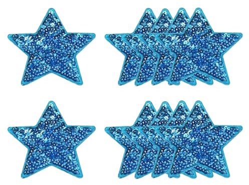 Kvartsman 10 stycken paljettstjärna stryklappar, 6 x 6,9 cm broderi paljett lappar för klädreparation ryggsäck skodekoration, ljusblå