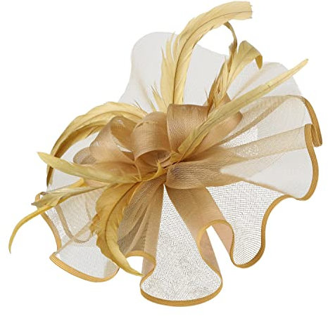 Hochzeit Fascinator Haarclip Hut Blumen Feder Kopfschmuck Hut Damen Feder Mesh Kopfbedeckungs Hut Vintage Teeparty Haarschmuck Abend Partys Mesh Hut Karneval Haarspangen Elegant (Gold, One Size)