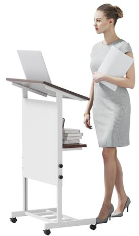 Rednerpult mit Rollen Stehpult Höhenverstellbares Minimalistisches Quadratisches Podium Rednerpult Tragbarer Rednerpultständer mit Ablagefläche und Getränkehalter für Präsentationen und Laptops