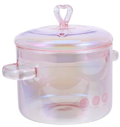 OKUMEYR Glass Stew Soup Pot with Lid 1500ml Double Handle High Borosilicate Glass Cooking Pot for Home Cooking Instant Noodle Bowl Suitable for Electric Ceramic Stove Pink