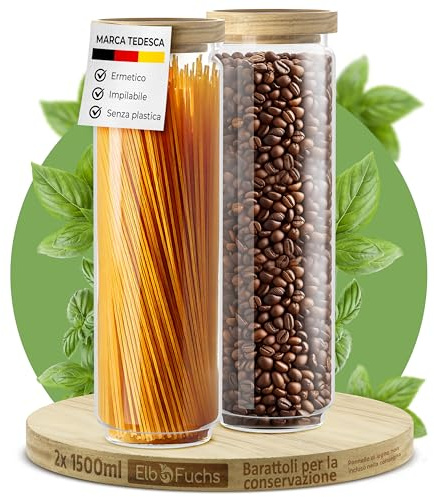 ElbFuchs Vorratsgläser mit Deckel luftdicht I 2x 1500ml I BPA-FREI & MOTTENSICHER I Vorratsdosen aus Borosilikatglas mit Holzdeckel I Aufbewahrungsgläser für Spaghetti I 1500ml I
