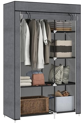 HOMCOM Fabric Wardrobe, Portable Wardrobe with 6 Shelves, 1 Hanging Rail, Foldable Closets, 103 x 43 x 162.5 cm, Dark Grey
