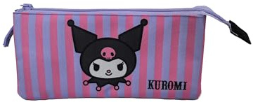 TOYBAGS Kuromi pennfodral med 3 fack, dragkedja, helt fodrad och personlig, pennfodral med 3 fack, 11,5 x 23,5 x 3 cm, färgglad, trippel skolpennfodral, färgglad, Trippel skolpennfodral